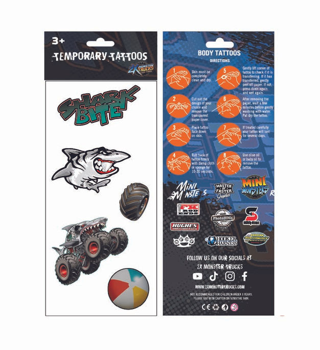 2X Monster Trucks shark bite temporary tattoo