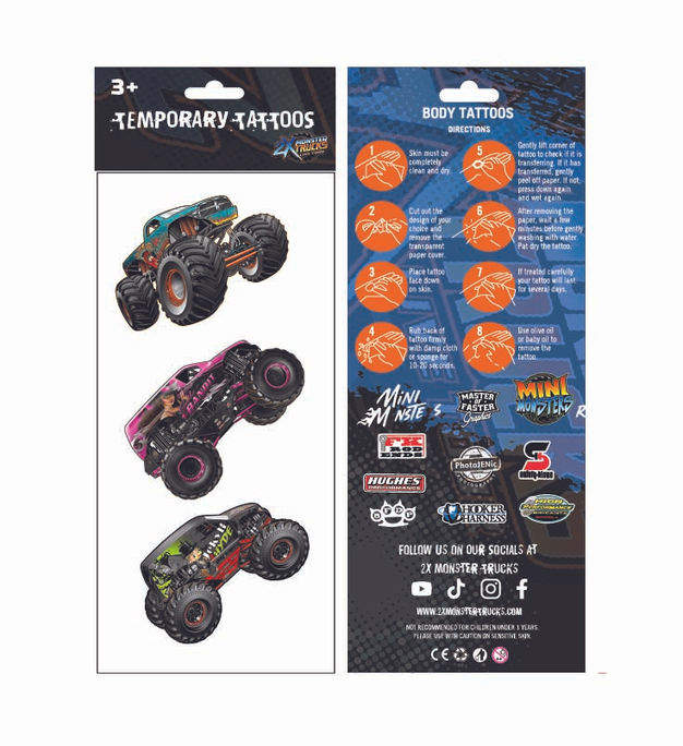 2X Monster Trucks 3 trucks temporary tattoo