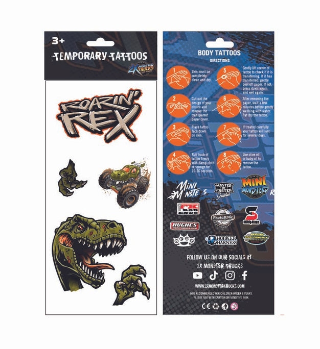 2X Monster Trucks roarin rex temporary tattoo